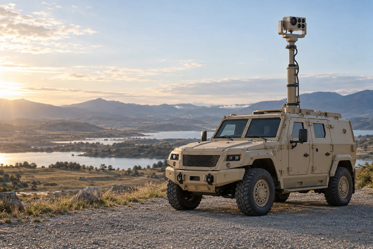 Park hâlindeki hafif zırhlı 4x4 üzerinde mastla tavanın üzerine yükseltilmiş kamera