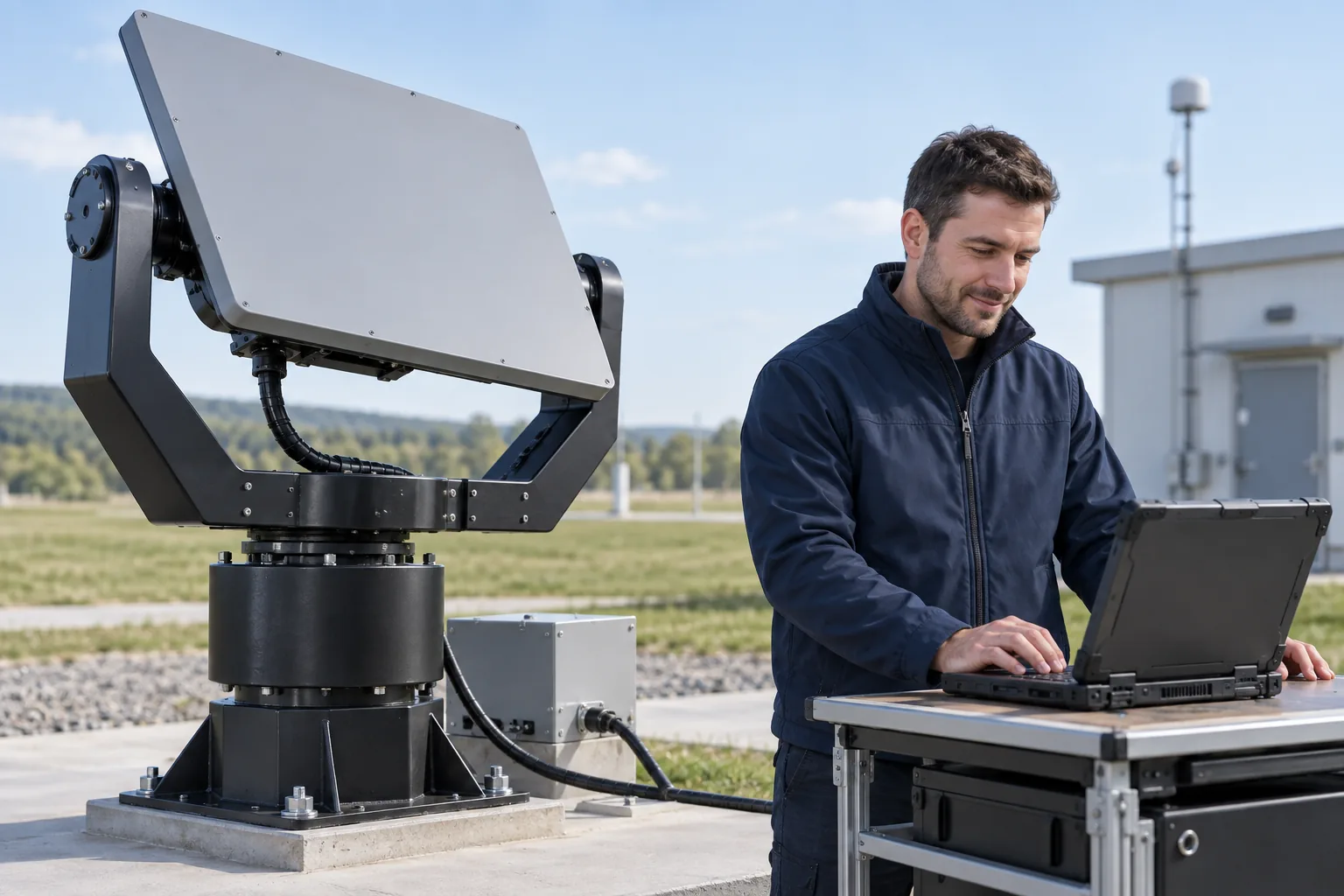 Radar paneli ve yönlendirme ünitesinin yanında dizüstü bilgisayar kullanan teknisyen