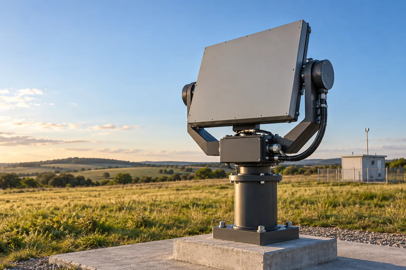 Açık alanda, kompakt bir motorlu taşıyıcı üzerine yerleştirilmiş düz radar paneli