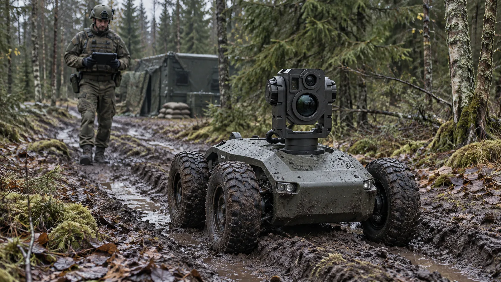 Islak bir orman yolunda, askerî görev için kullanılan, alçak konumda SEG14 kameralı kompakt dört tekerlekli inceleme robotu