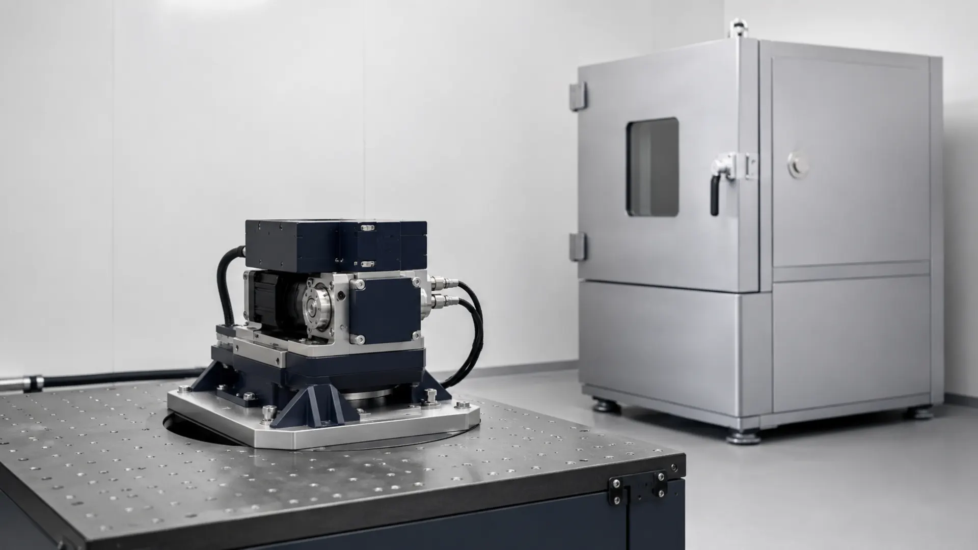 Kapalı bir çevresel test kabininin önünde titreşim tablasına cıvatalanmış pan-tilt ünitesi