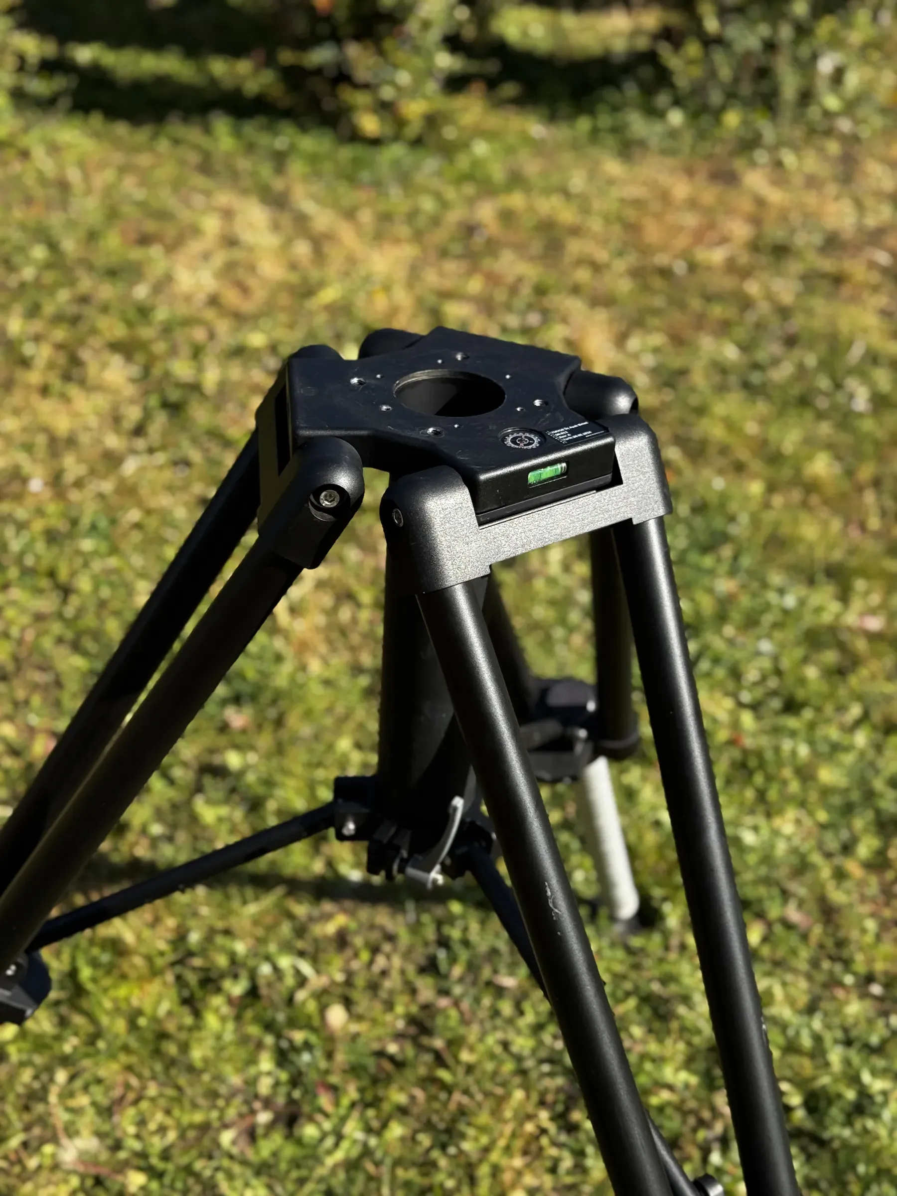 Güneş alan çimene karşı TMH10 tripod baş plakası ve üst ayaklarının yukarıdan görünümü