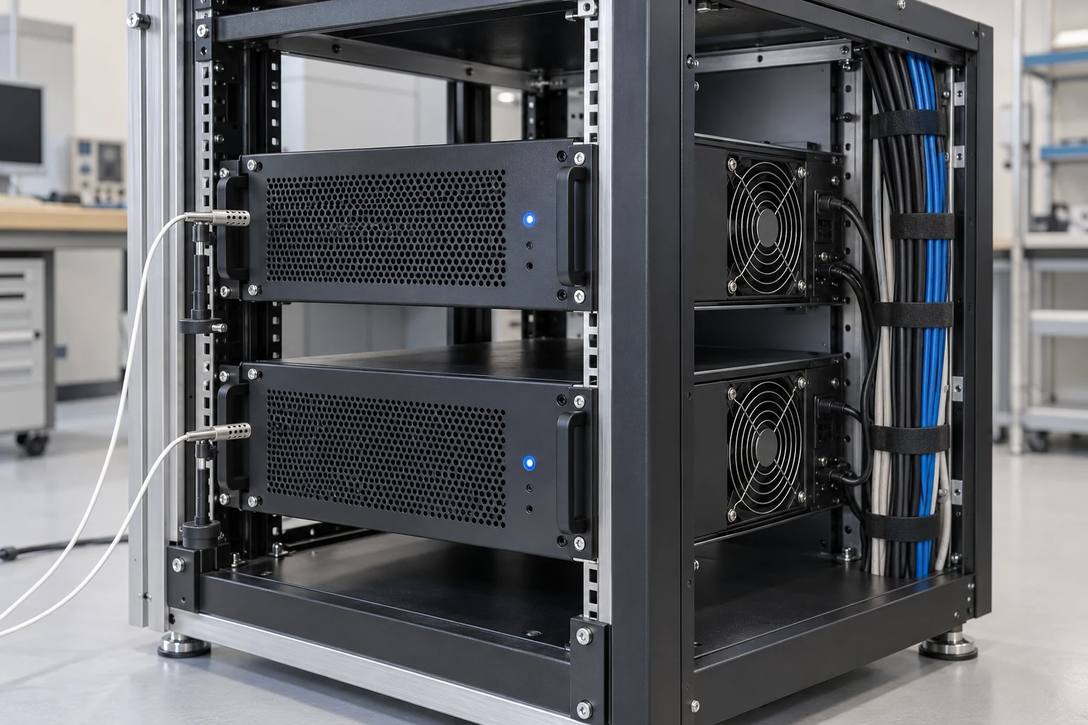 İki elektronik yük taşıyan genel laboratuvar rack kabini; ön hava girişlerinin yakınında sıcaklık probları, yan fan ızgaraları ve çerçeve boyunca düzenlenmiş kablolar bulunuyor