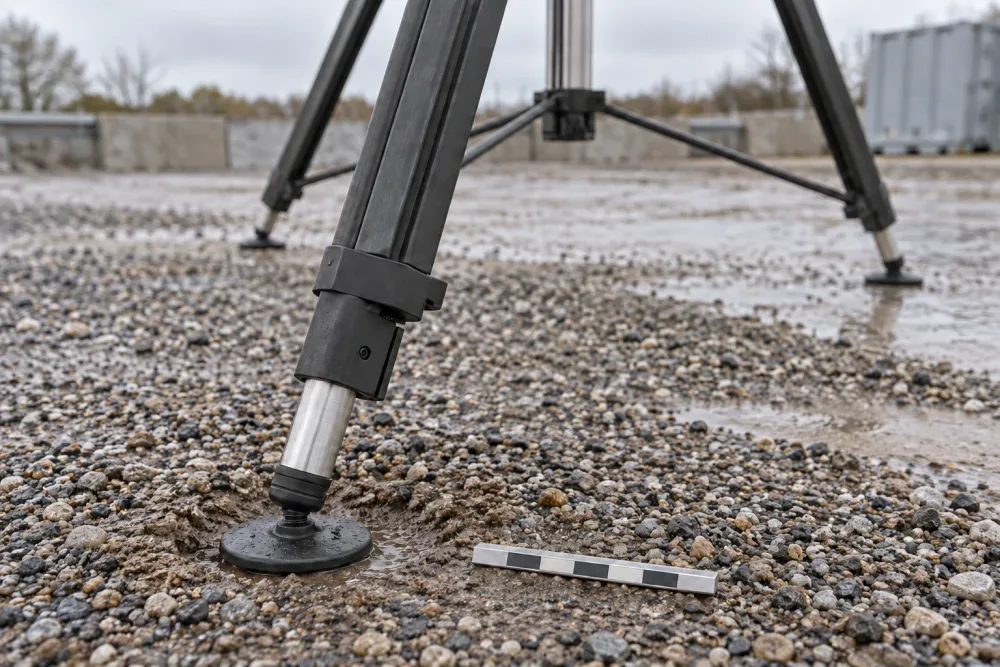 Nemli ince çakıla bastıran yuvarlak tripod ayağının yakından görünümü; arkadaki iki ayak daha sağlam zeminde duruyor