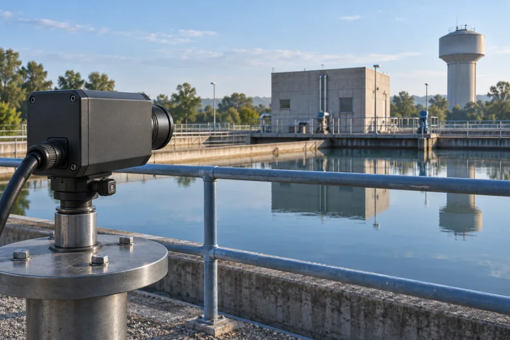 Bir su arıtma tesisindeki inceleme kamerası; yakındaki korkuluğa, pompa binasına ve uzaktaki su kulesine bakıyor