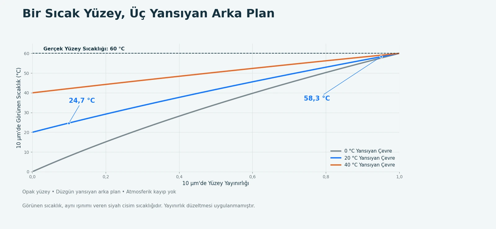 60 °C yüzey için yayınırlığa göre hesaplanan görünen sıcaklık; yansıyan çevre sıcaklıkları 0 °C, 20 °C ve 40 °C