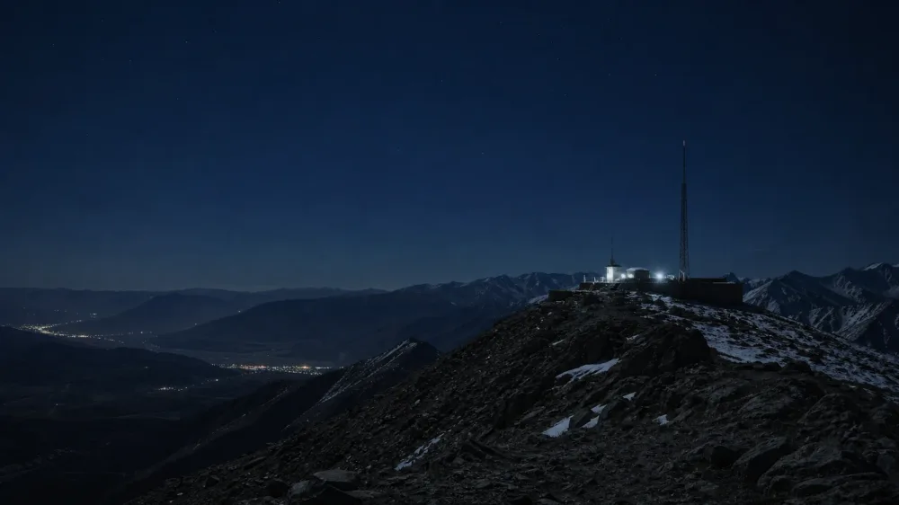 Uzak bir dağ sırtında projektörle aydınlatılmış barınak ve ince bir mast; altındaki karanlık vadide dağınık yerleşim ışıkları, üstte soluk yıldızlar