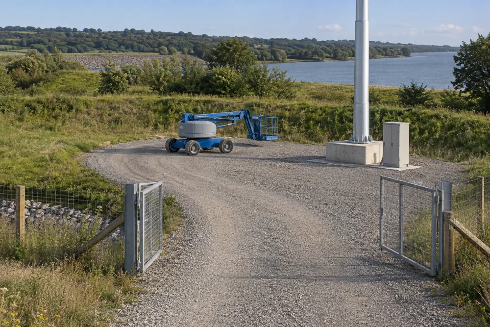 Açık kapı ve engelsiz çakıl yol, rezervuar yanındaki mast temeline, zemin kabinine ve park edilmiş erişim platformuna uzanıyor