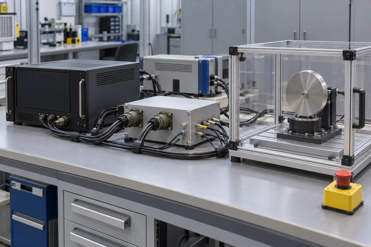 Laboratuvar kontrol birimi, problanmış arayüz bağlantı paneli üzerinden eylemsiz metal disk taşıyan korumalı döner test düzeneğine bağlanıyor