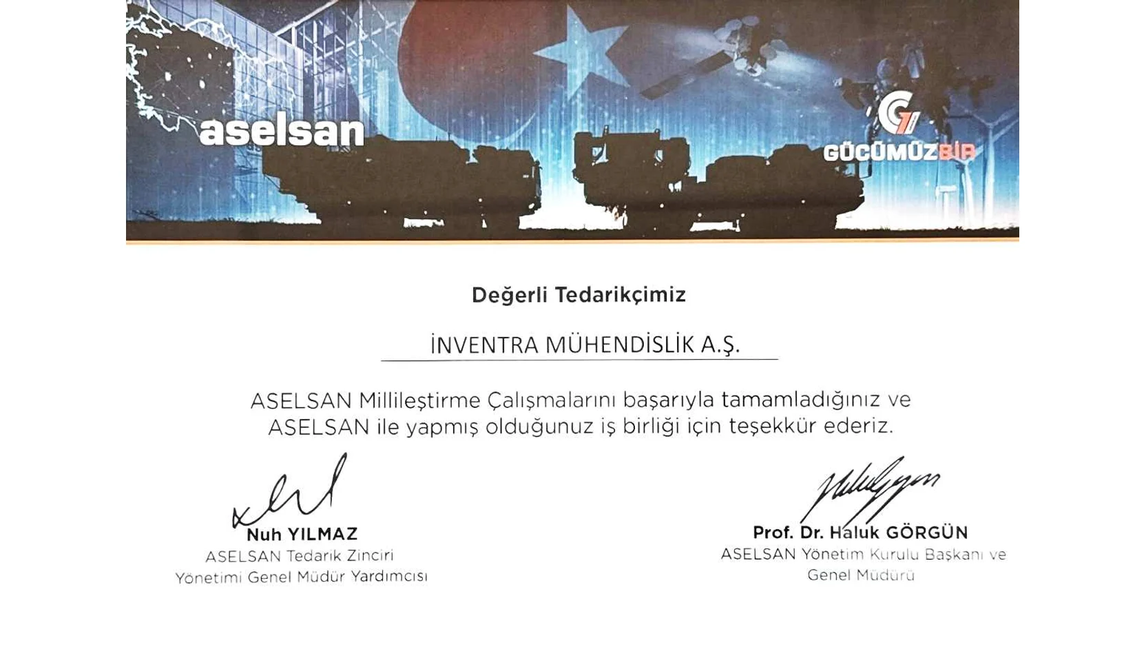 ASELSAN'ın Inventra Mühendislik A.Ş.'ye verdiği teşekkür belgesi; yönetim kurulu başkanı ve tedarik zinciri yönetiminden sorumlu genel müdür yardımcısı imzalı