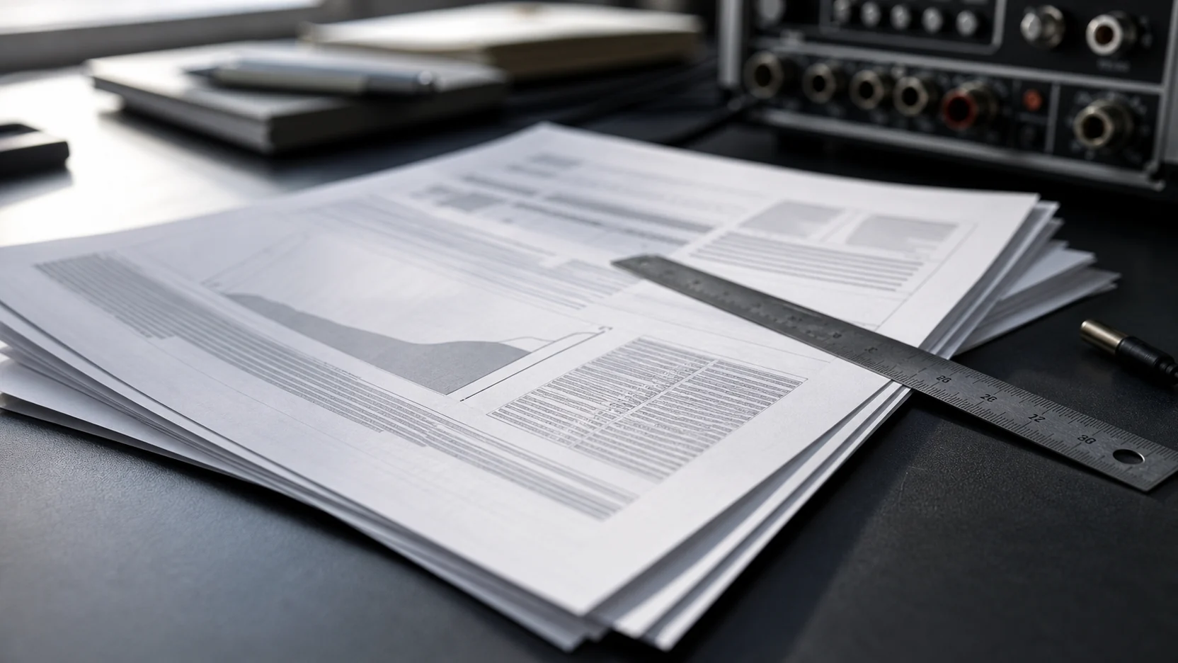 Mat koyu bir masada çelik cetvel altında yelpaze gibi açılmış basılı datasheet sayfaları; yazı yalnızca gri bantlar olarak okunuyor