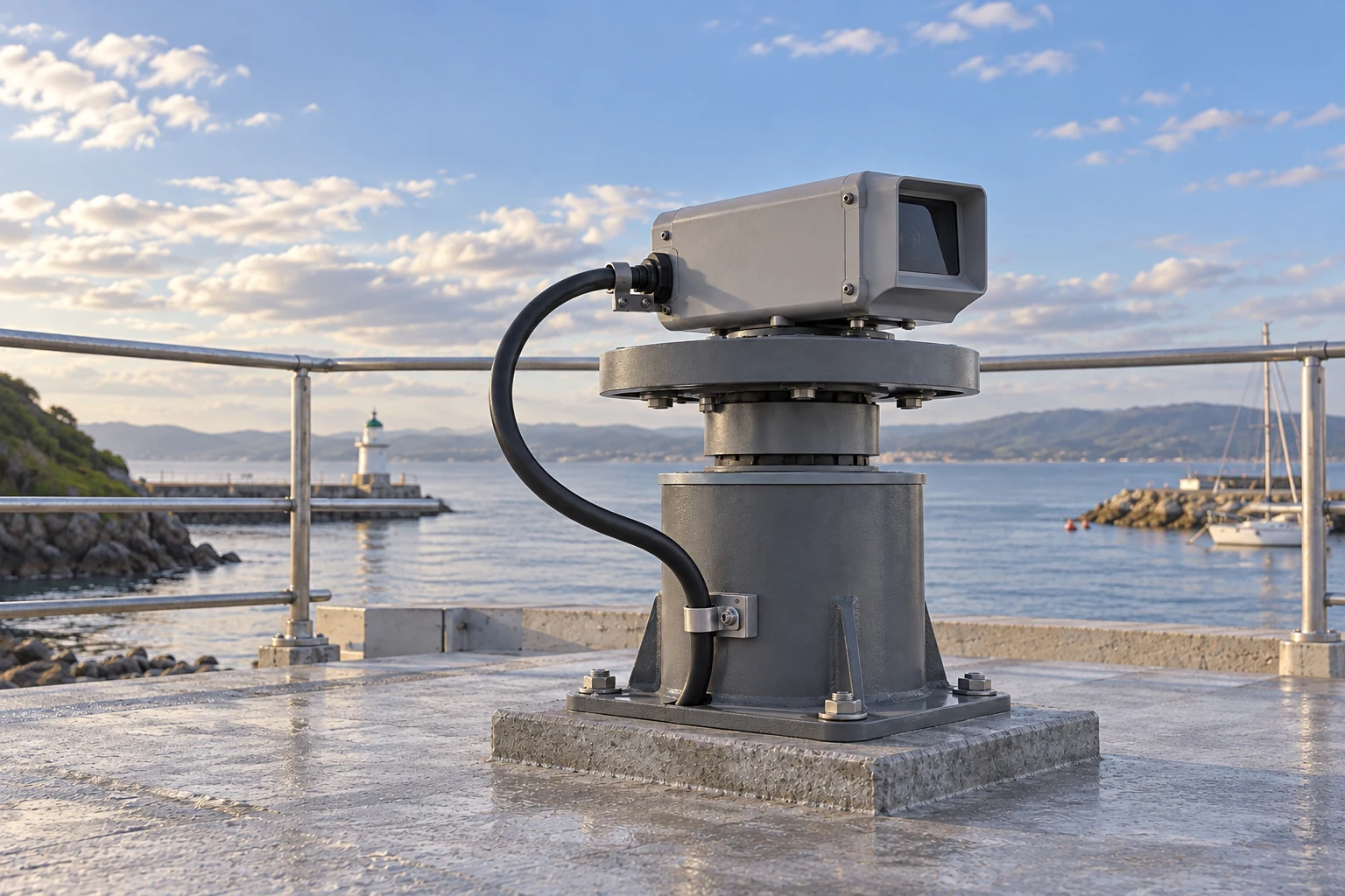 Genel amaçlı bir döner platform üzerindeki optik muhafazada, hareketli üst düzenek ile sabit taban arasında geniş bir servis kablosu halkası bulunuyor