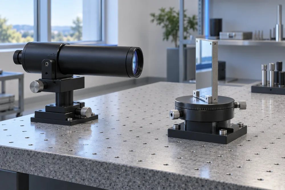 Bağımsız optik açı cihazı, laboratuvar tablasındaki döner platforma bağlı düz aynaya bakıyor