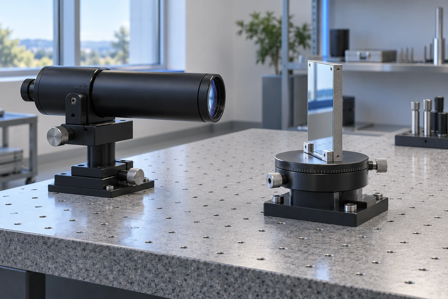 Bağımsız optik açı cihazı, laboratuvar tablasındaki döner platforma bağlı düz aynaya bakıyor